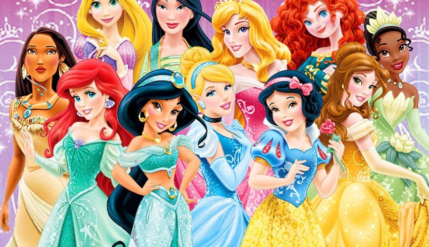 A group of disney princesses posing in front of a purple background.