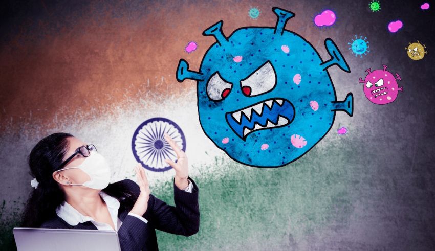 A woman wearing a face mask with a corona virus painted on the wall.