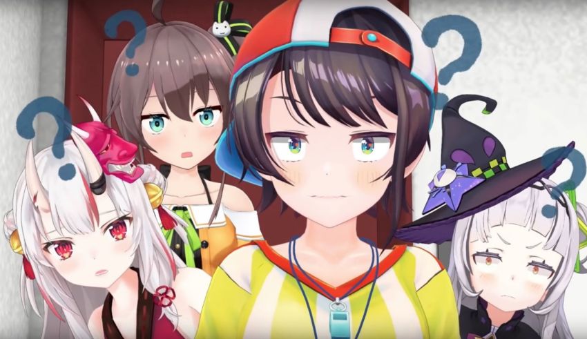 A group of anime girls standing next to each other.