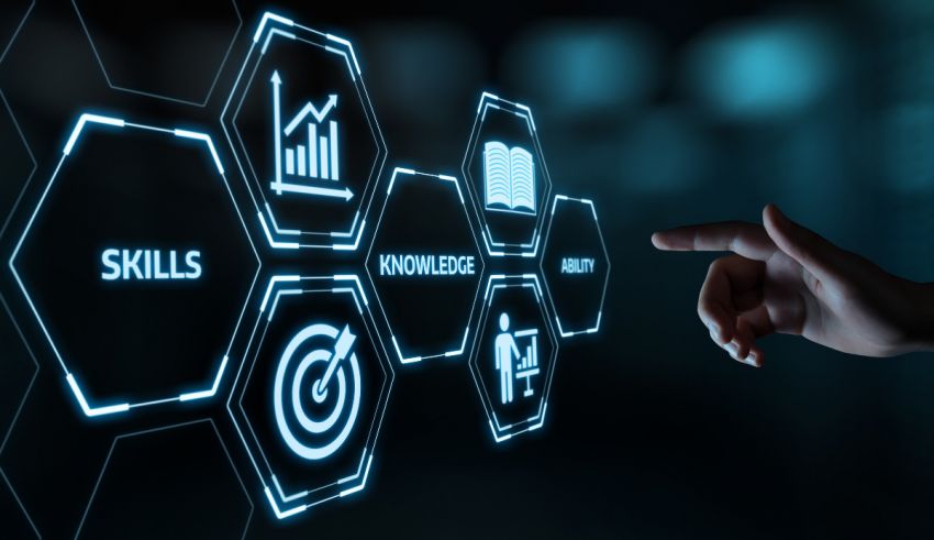 A hand is pointing at a screen with icons of skills and management.