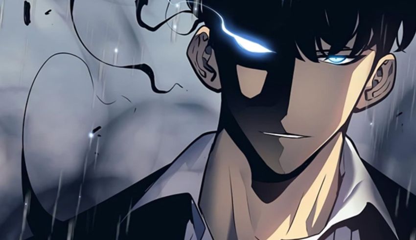 Japanese anime character with blue eyes in the rain.