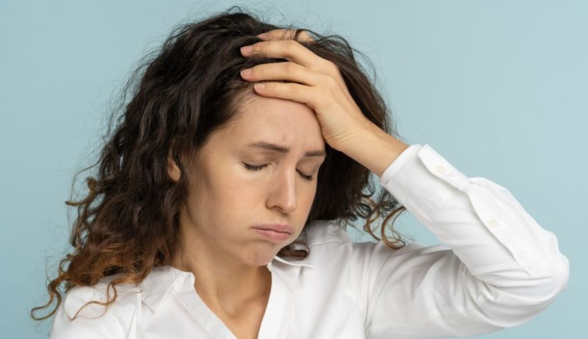 A woman with a headache holding her head.