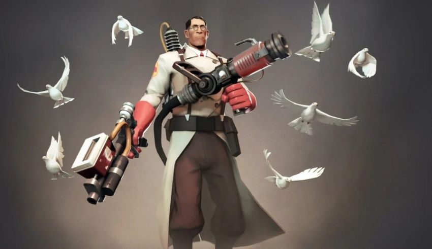 A man holding a gun with pigeons flying around him.