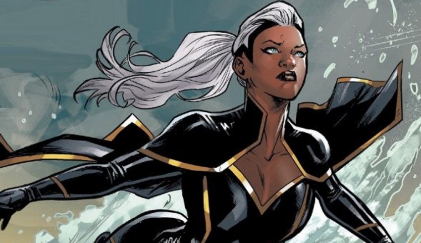 A woman in a black and gold costume is flying in the air.