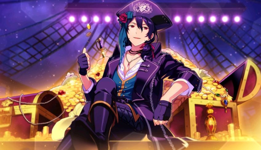 A girl in a pirate costume sitting on top of a pile of gold.