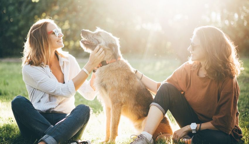 Two women sitting on the grass with a dog.
