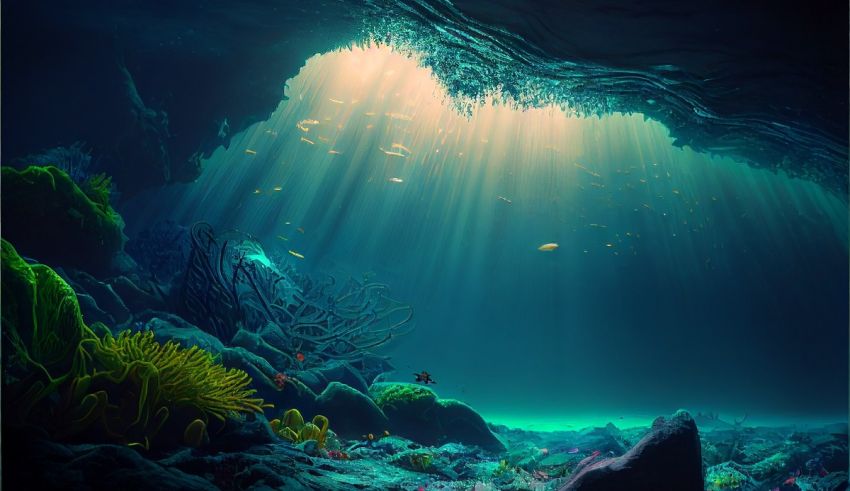 An underwater cave with corals and fish.