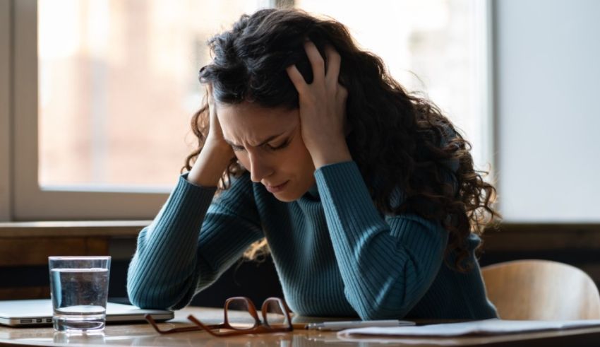 A woman is sitting at a table with her hands on her head.