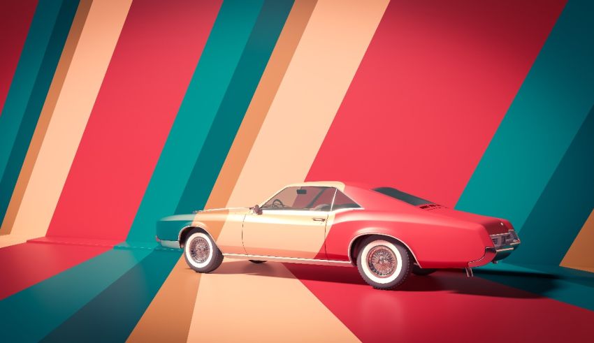 A car is parked in front of a colorful striped background.