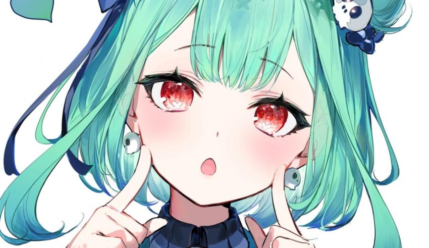 An anime girl with blue hair and red eyes.