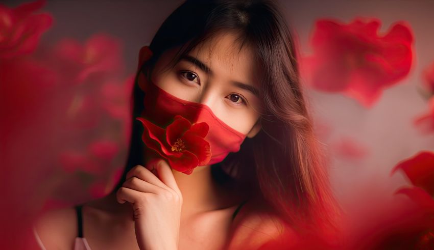 A woman wearing a red mask with flowers around her face.