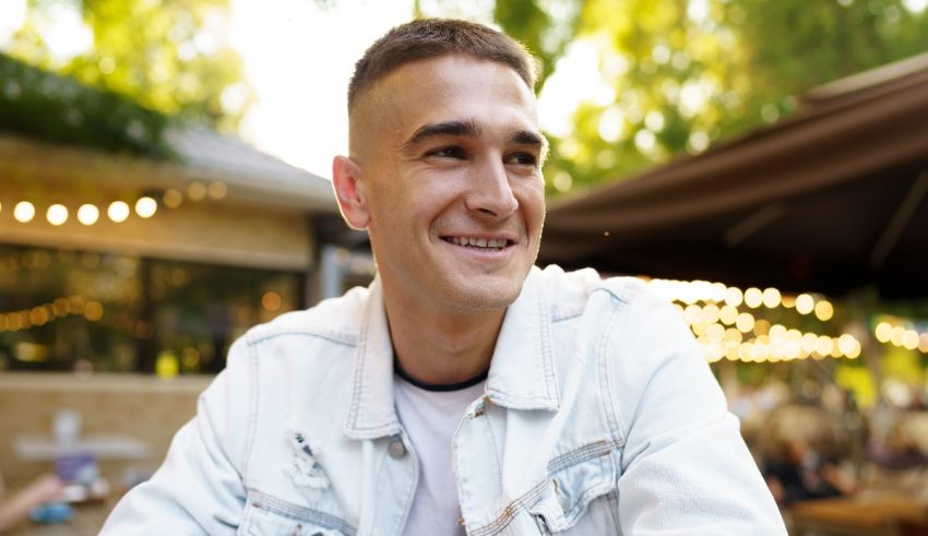 A young man smiles while sitting at an outdoor restaurant.