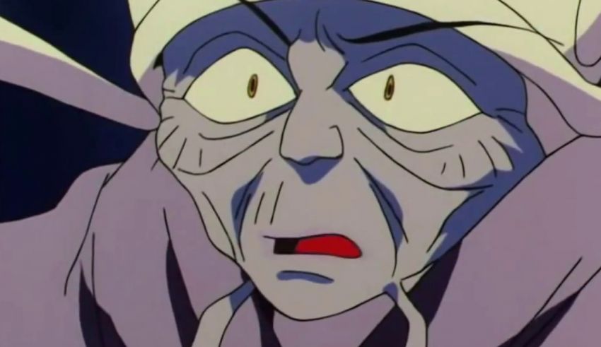 A cartoon image of an old woman with big eyes.