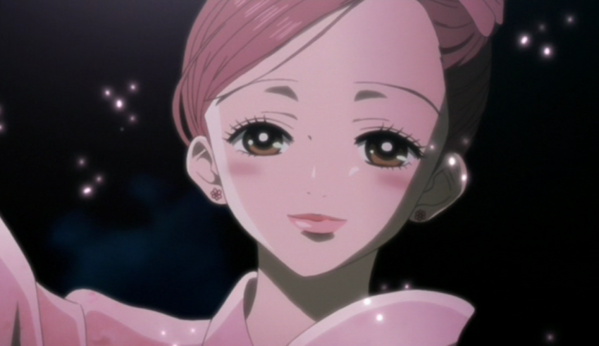 An anime girl with pink hair and big eyes.