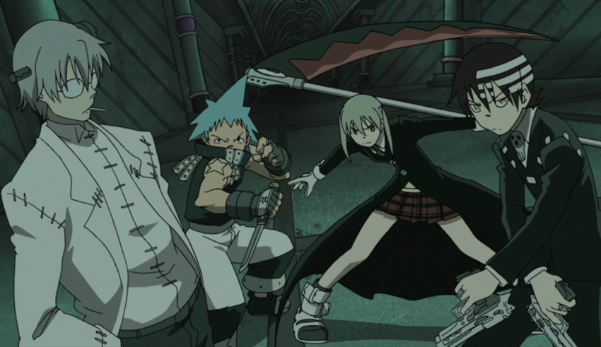 A group of anime characters standing in a dark room.