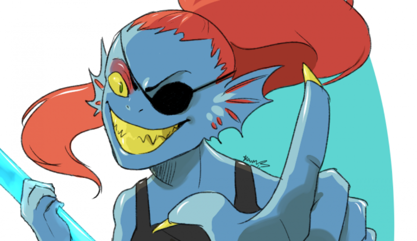 A blue character with red hair and blue eyes holding a sword.