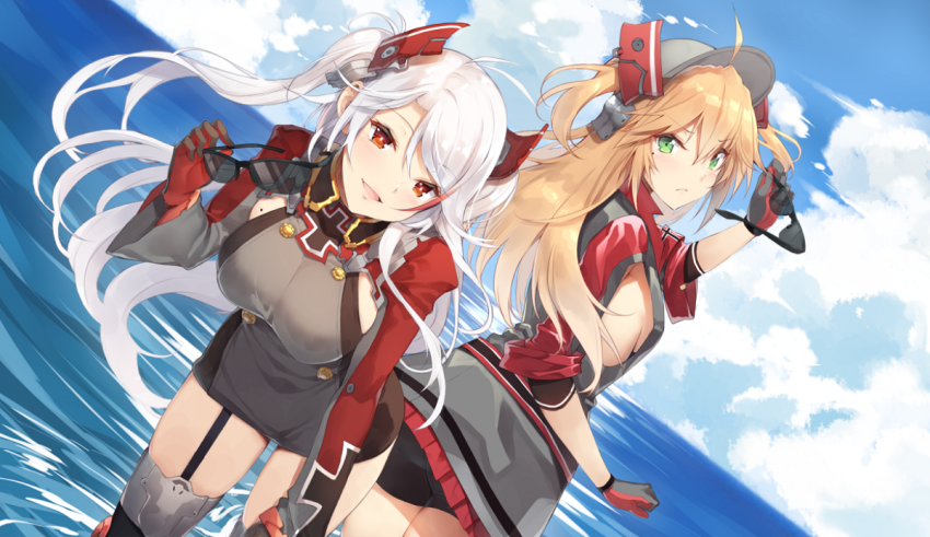 Two anime girls standing next to each other on a beach.