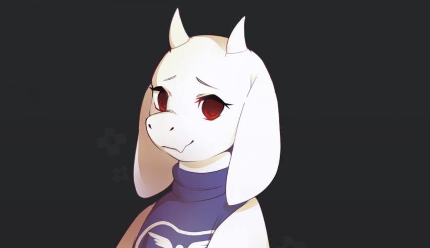 A white goat with red eyes and a black background.