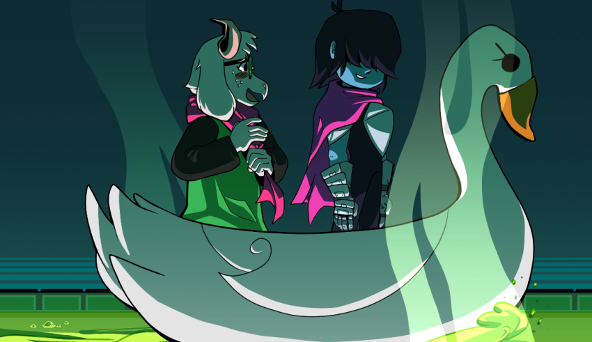 Two people sitting on a swan in the water.