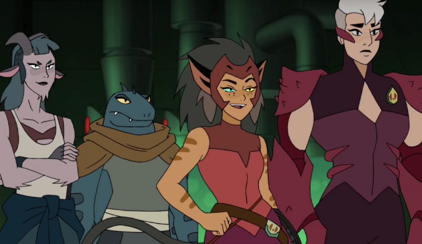 A group of cartoon characters standing in a dark room.