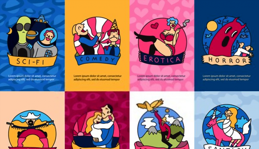 A set of astrology banners with a woman, a man, a woman and a man.