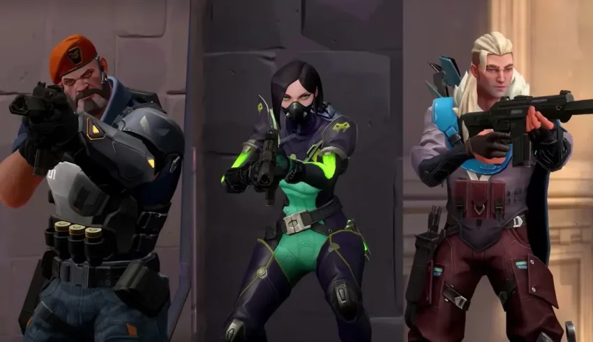 A group of characters with guns in front of them.