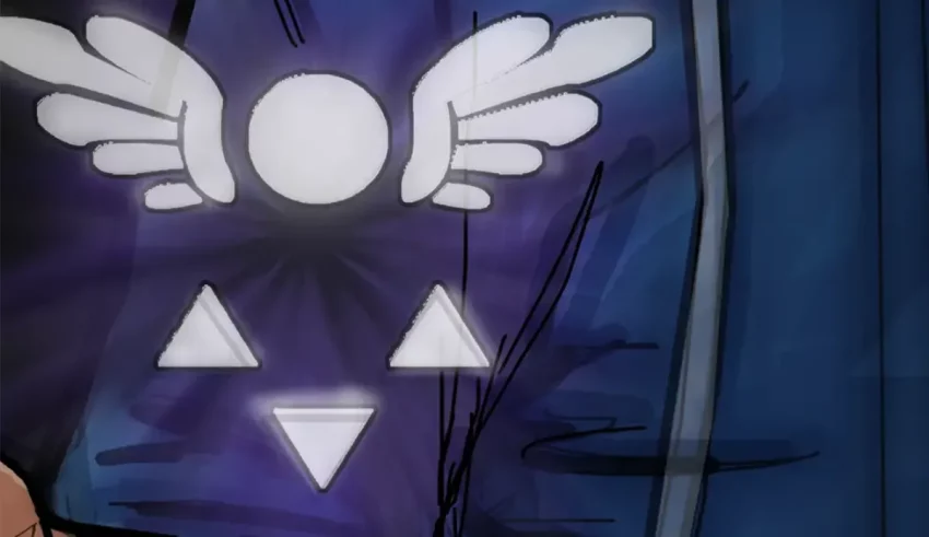 An anime character wearing a blue jacket with wings on it.