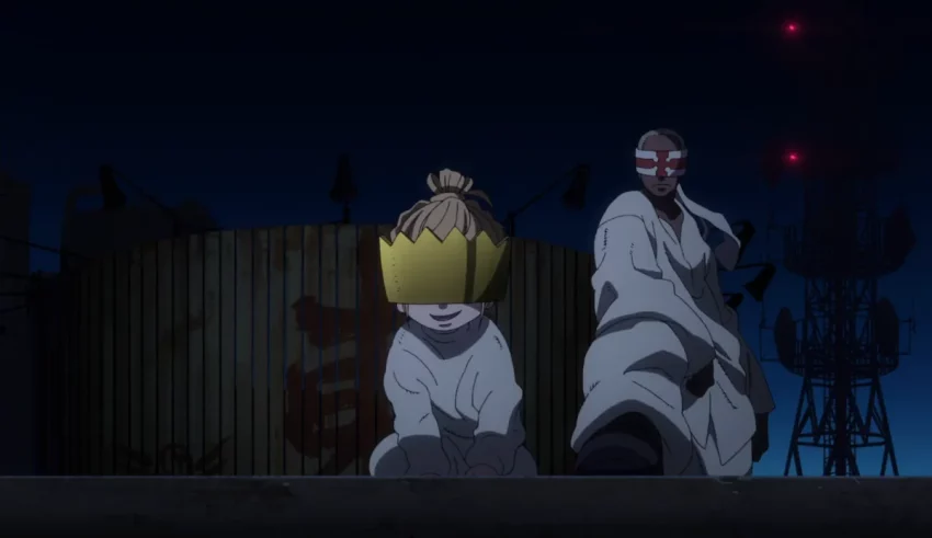 Two anime characters standing next to each other at night.