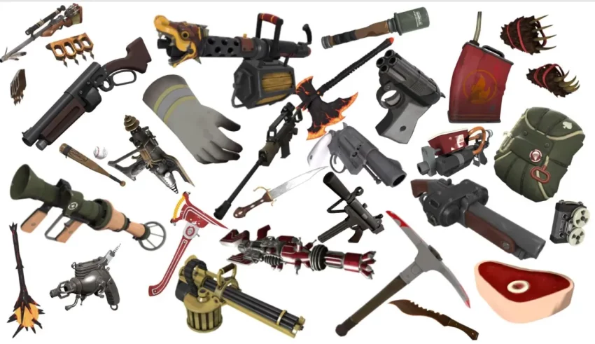 A group of weapons and other items on a white background.