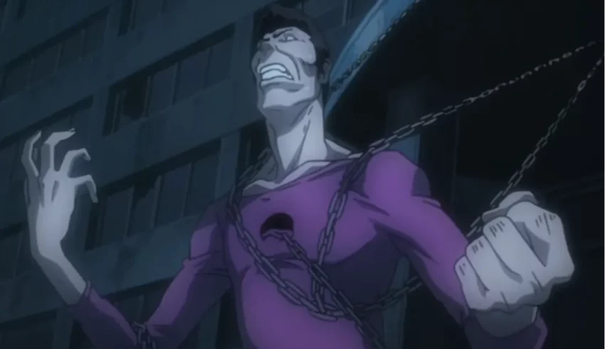 Japanese anime character holding a chain in front of a building.