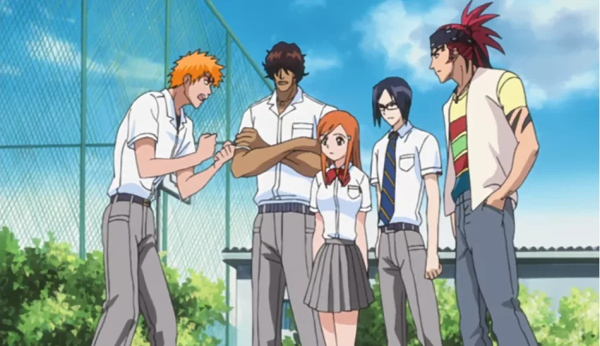 A group of anime characters standing next to each other.