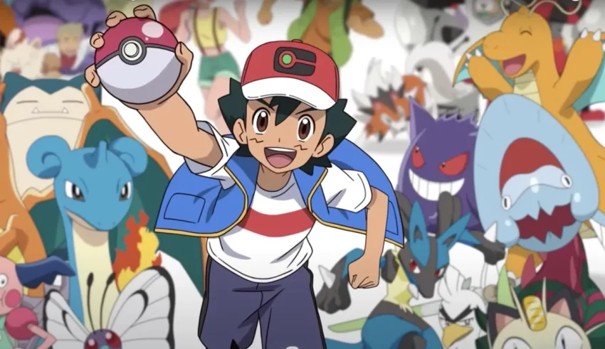 A boy is holding a poke ball in front of a group of pokemon.