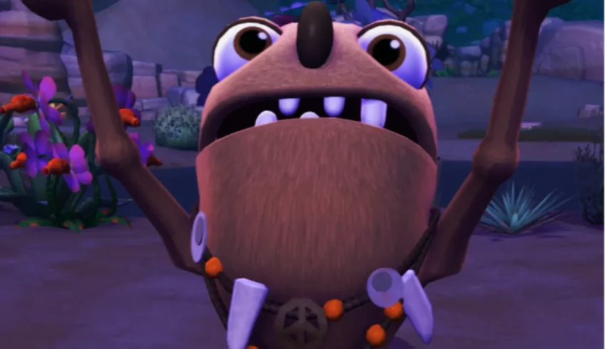 A cartoon character is standing in front of some plants.