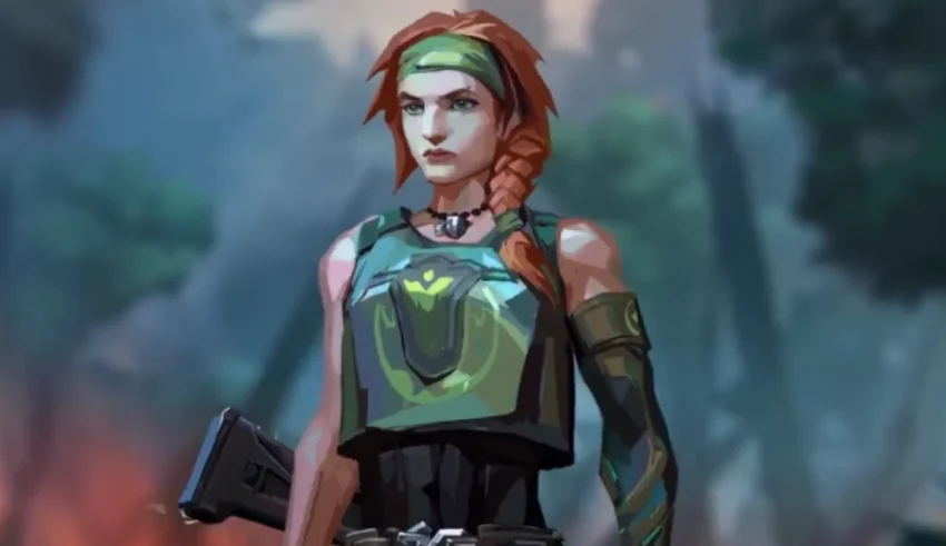 A female character in a forest holding a gun.