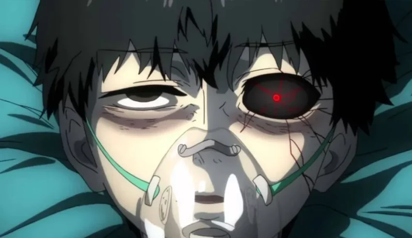 A man with a mask on his face and a bloody eye.